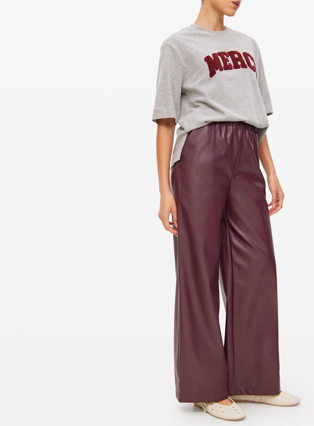 Burgundy Faux Leather Wide Leg Trousers 24 - Image 2
